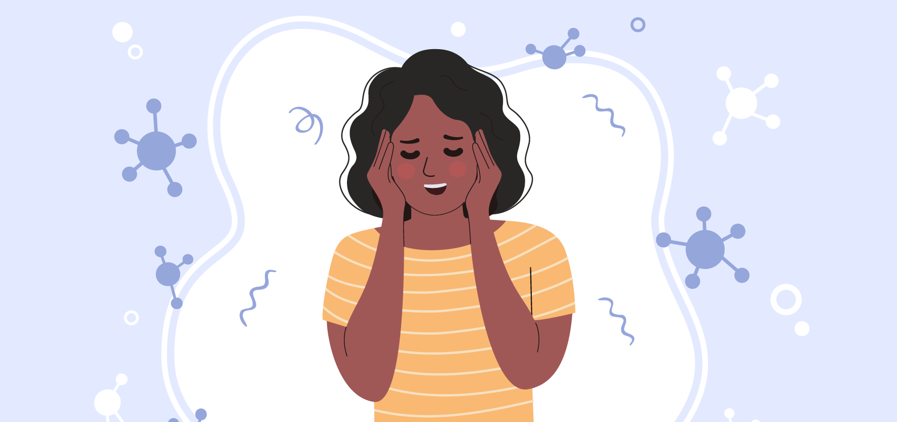 An illustration of a woman with dark curly hair holding her hands to her temples with a distressed expression, surrounded by abstract symbols of germs and viruses